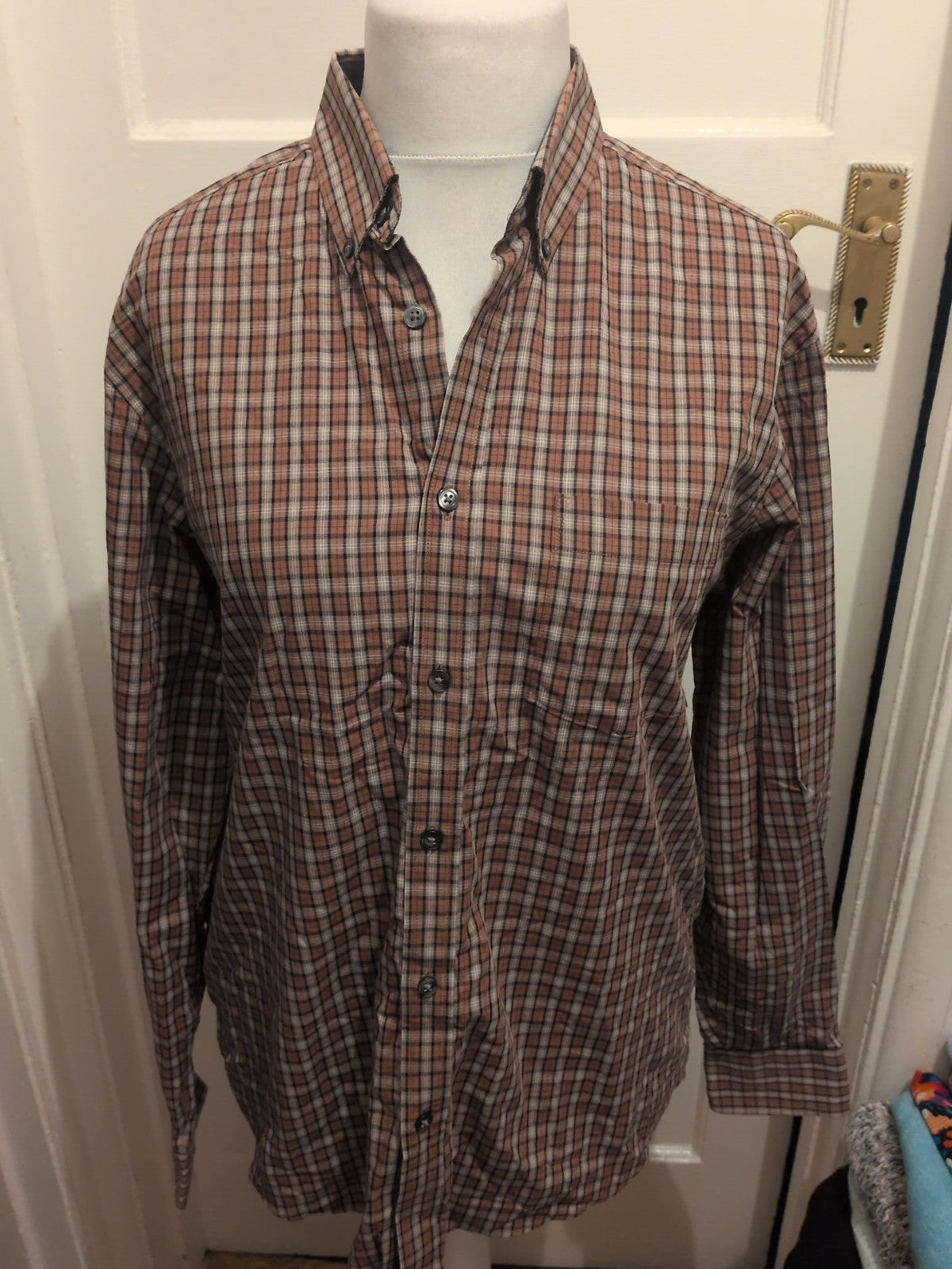 Mens M&S Size M Regular Fit Peached Pure Cotton Shirt Brown Check Long Sleeved