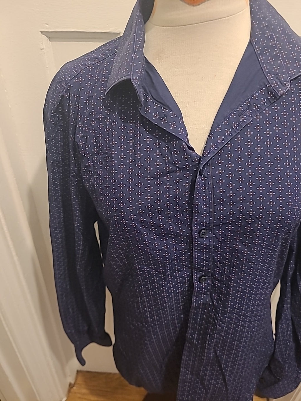 Mens Salt Size Medium(39-40) Slim Fit Navy Blue Dot Long Sleeved Shirt