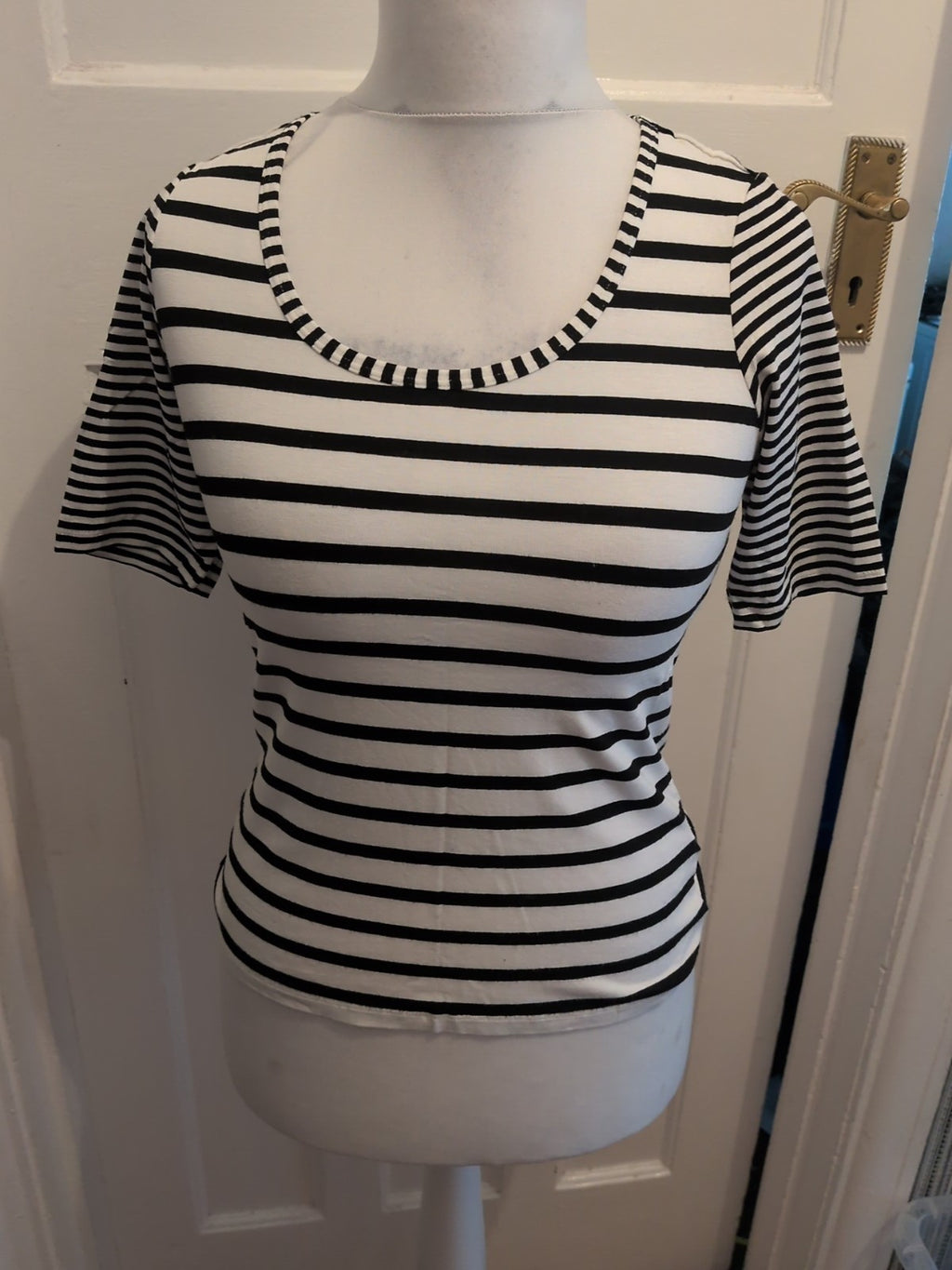 Madeline 10 Black And White Stripe Blouse Short Sleeve