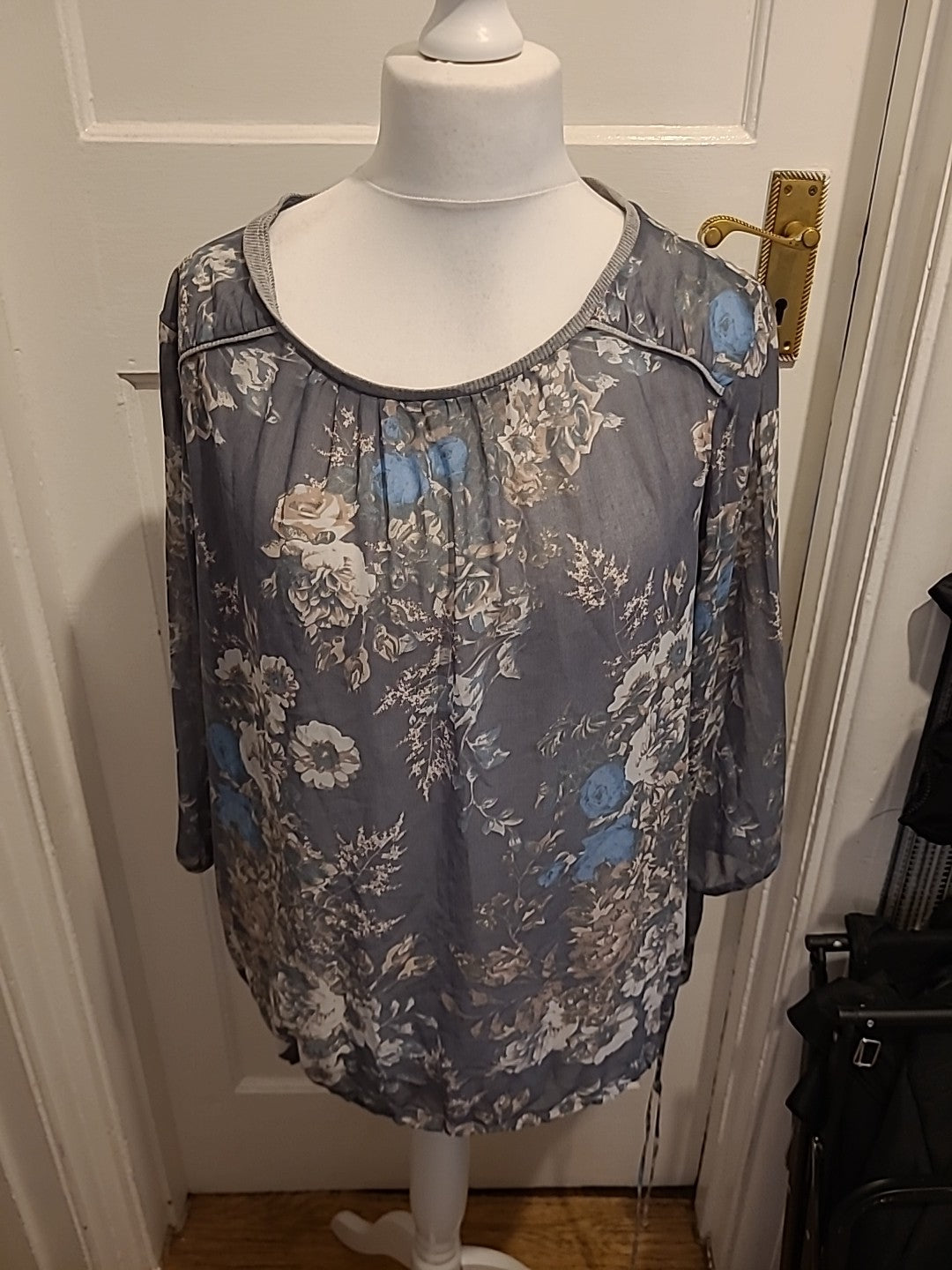 Ladies Next Size 20 Grey And Blue Semi See Through Floral Blouse
