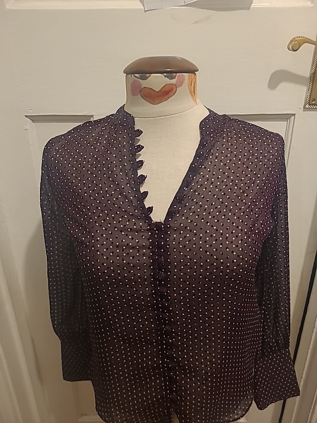 Ladies Next Petite Size 6P Purple/Black/White Spotted See Through Blouse