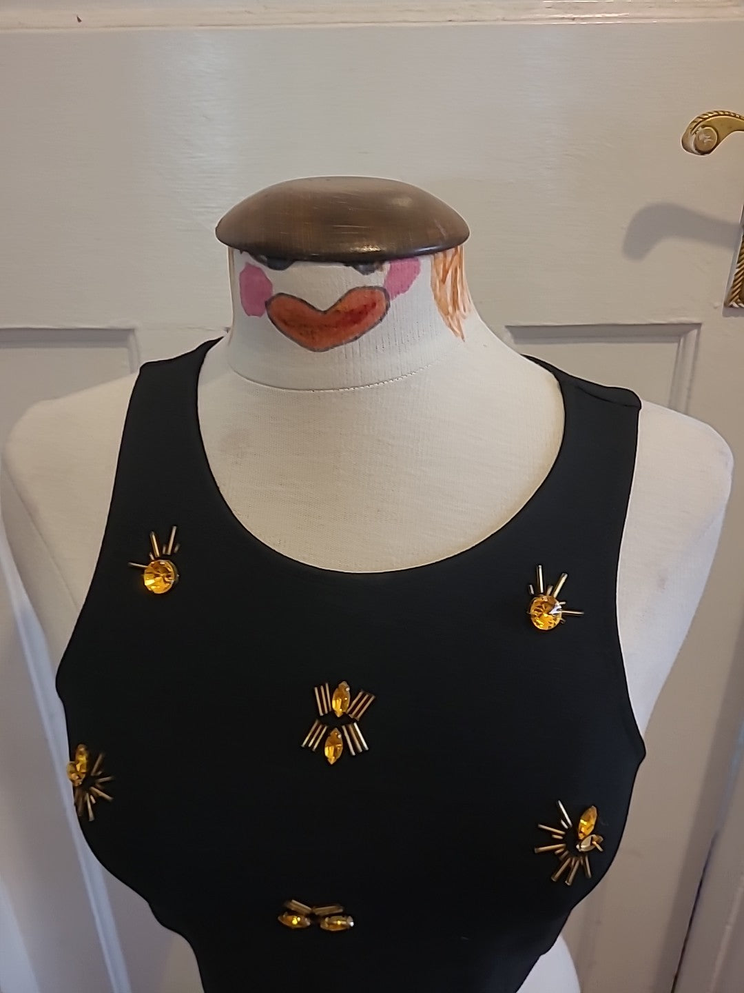 Ladies H+M Small Black Orange Diamonte Sleeveless Tshirt