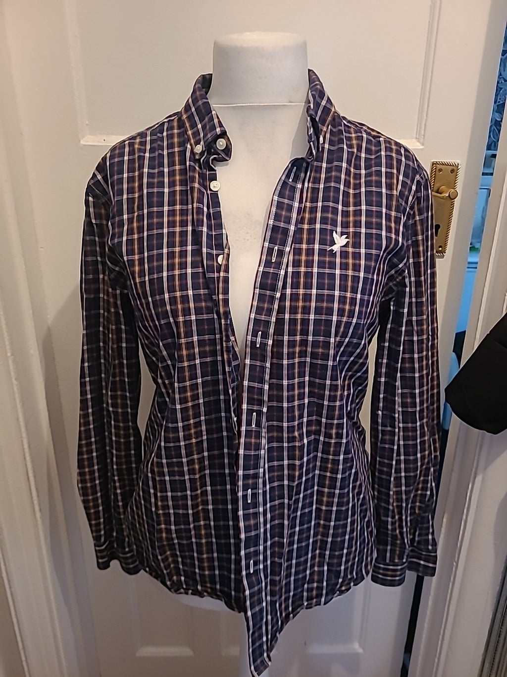 Mens George Size Large Navy/Beige Check Long Sleeved Shirt