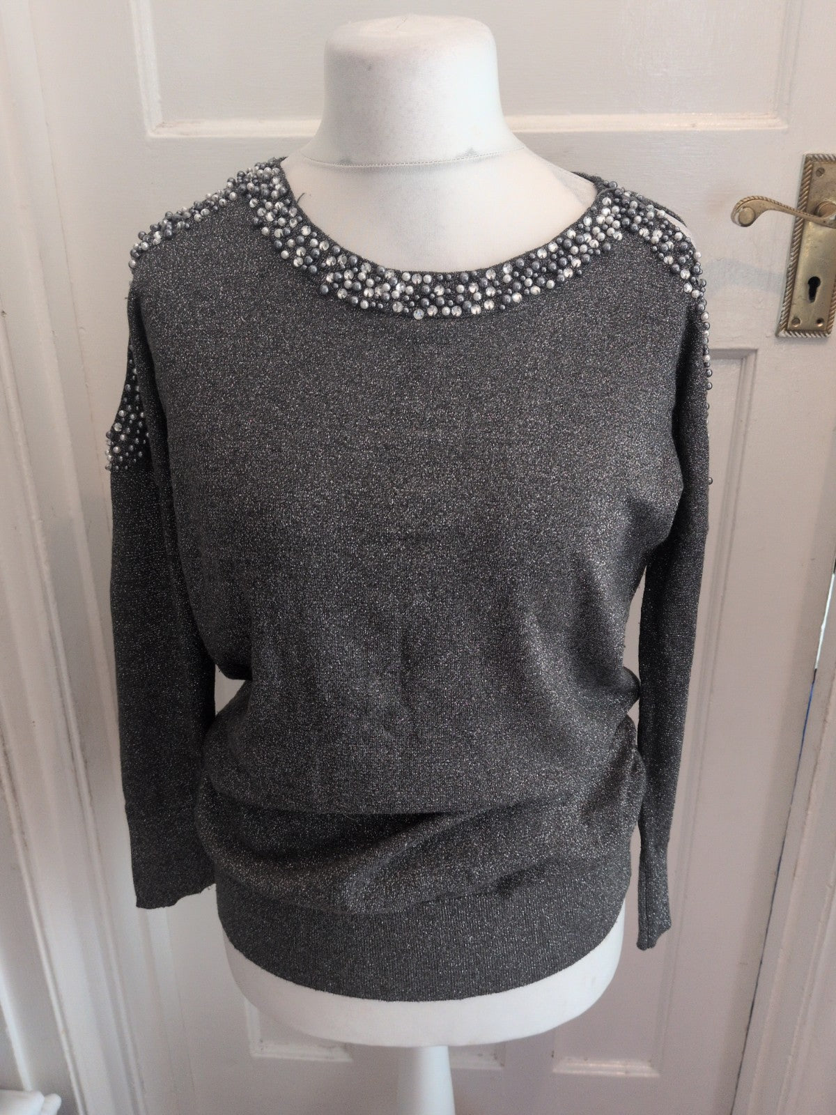 Wallis 12 Silver Shimmer Long Sleeve Diamante Oversized Top