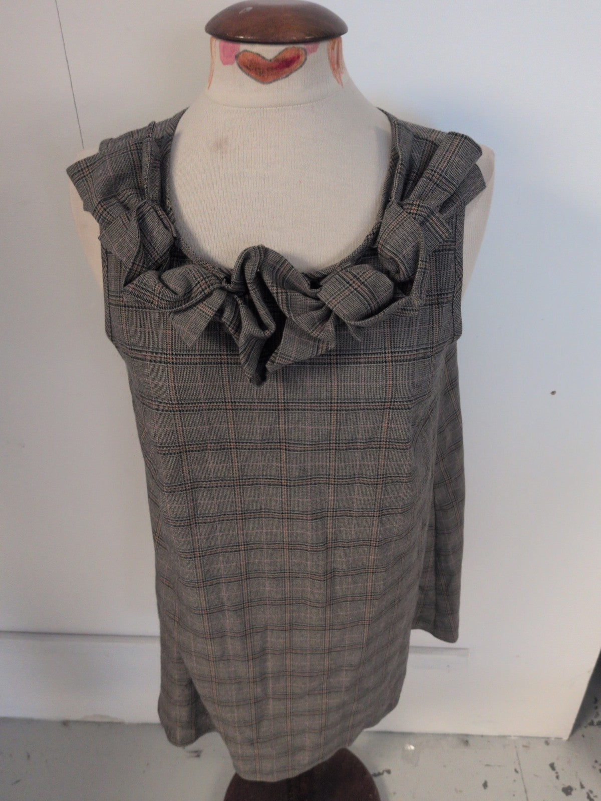 River Island 14 Grey Check Beige Sleeveless Dress