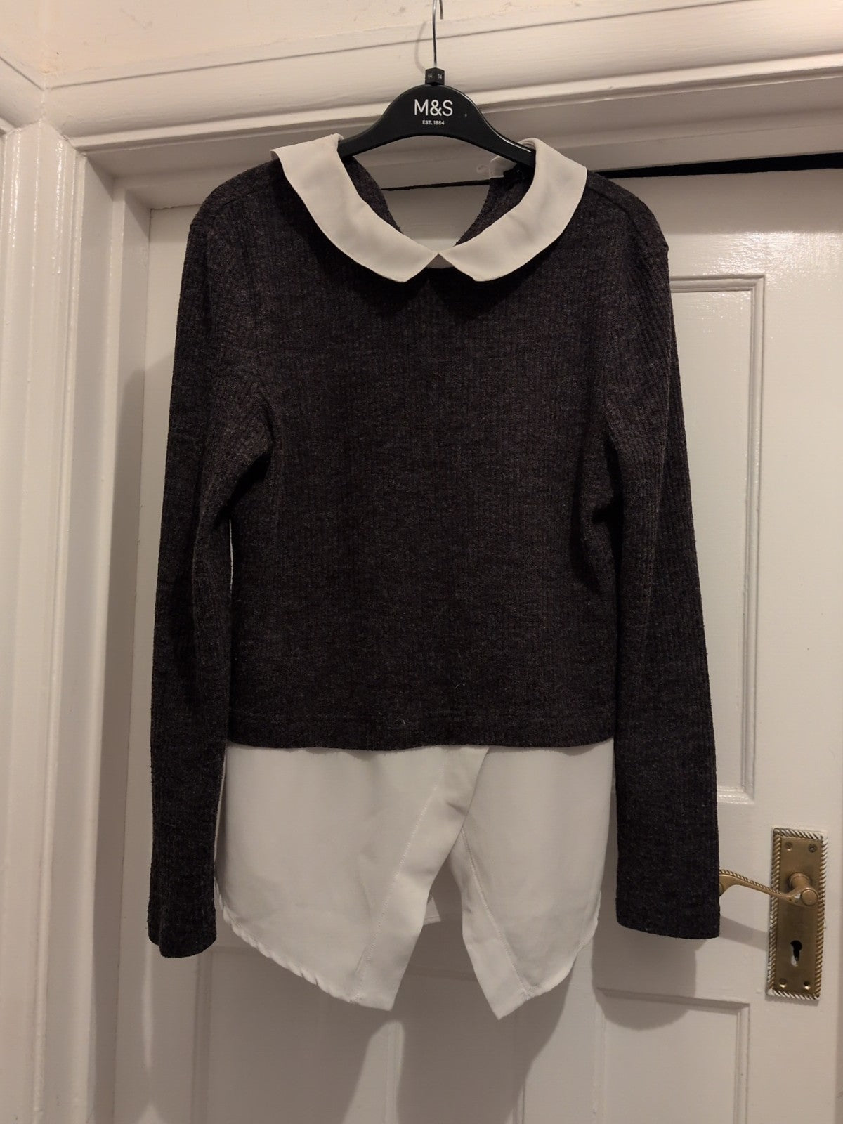 Primark 14 Grey With White Trim Long Sleeved Blouse