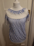 Ladies Size Medium Blue And White Striped Short Sleeved Patterned Blouse