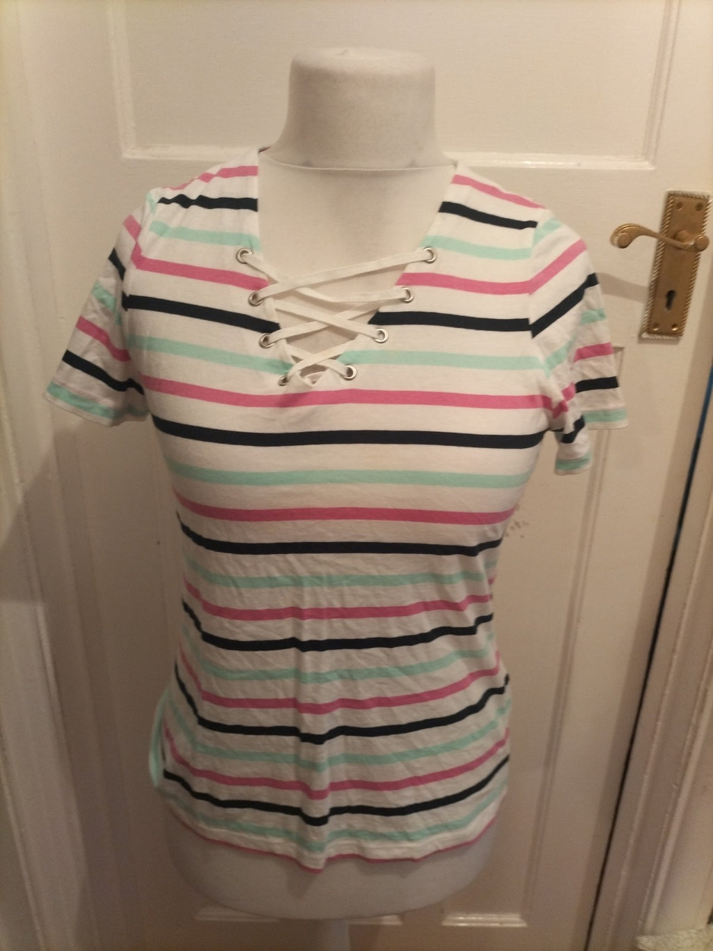 Bonmarche 12 Multi Stripe Short Sleeved V Neck T-shirt