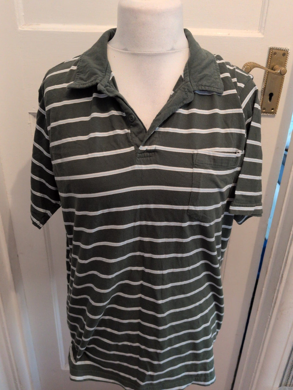 Tu Large Green White Stripe Short Sleeve Polo