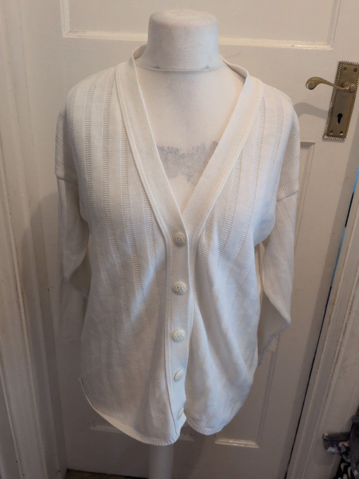 Ladies Large White V Neck Buttoned Soft Cardigan