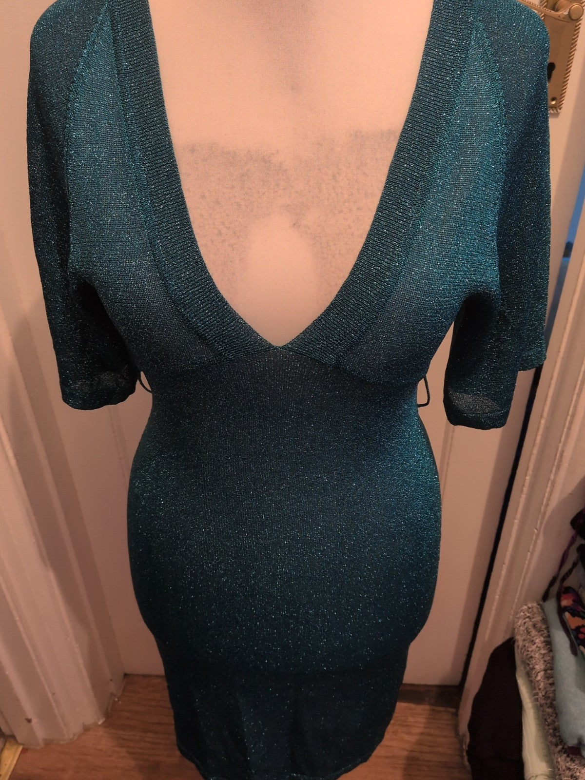 Ladies Mbym Size M Turquoise Glittery Short Sleeved Dress