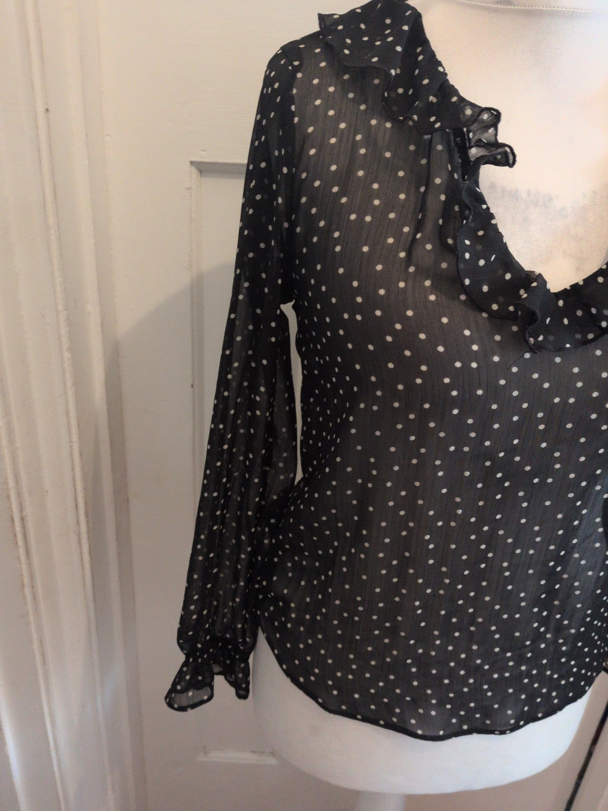 Primark 8 Black And White Spot Long Sleeve See Through Blouse
