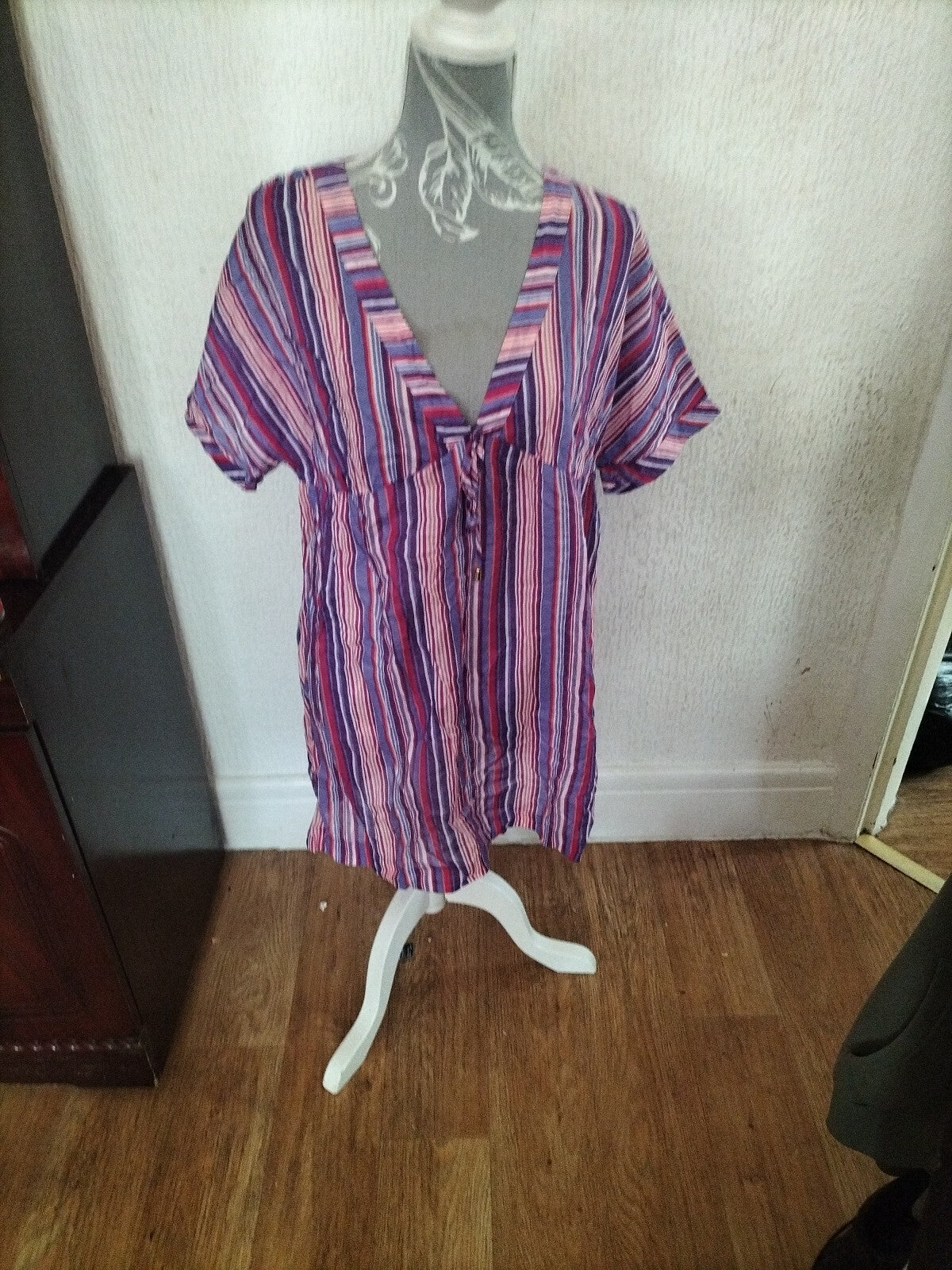 Ladies Per Una Size Small Purple Striped Short Sleeved Blouse
