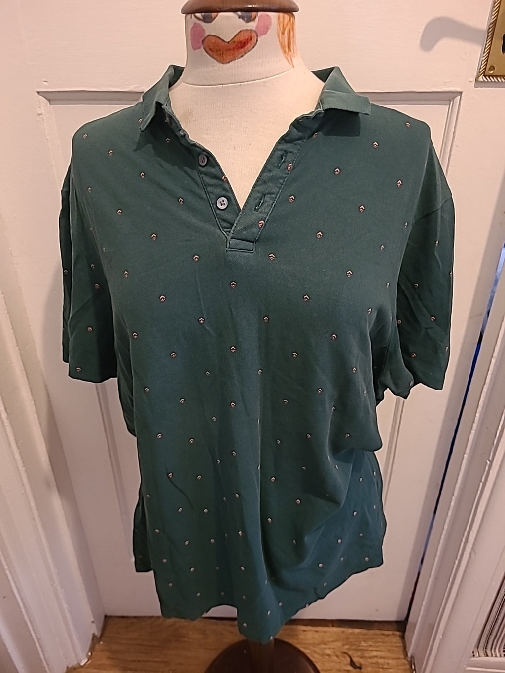 Mens George Size XL Green With Red/Pink Pattern Short Sleeved Polo