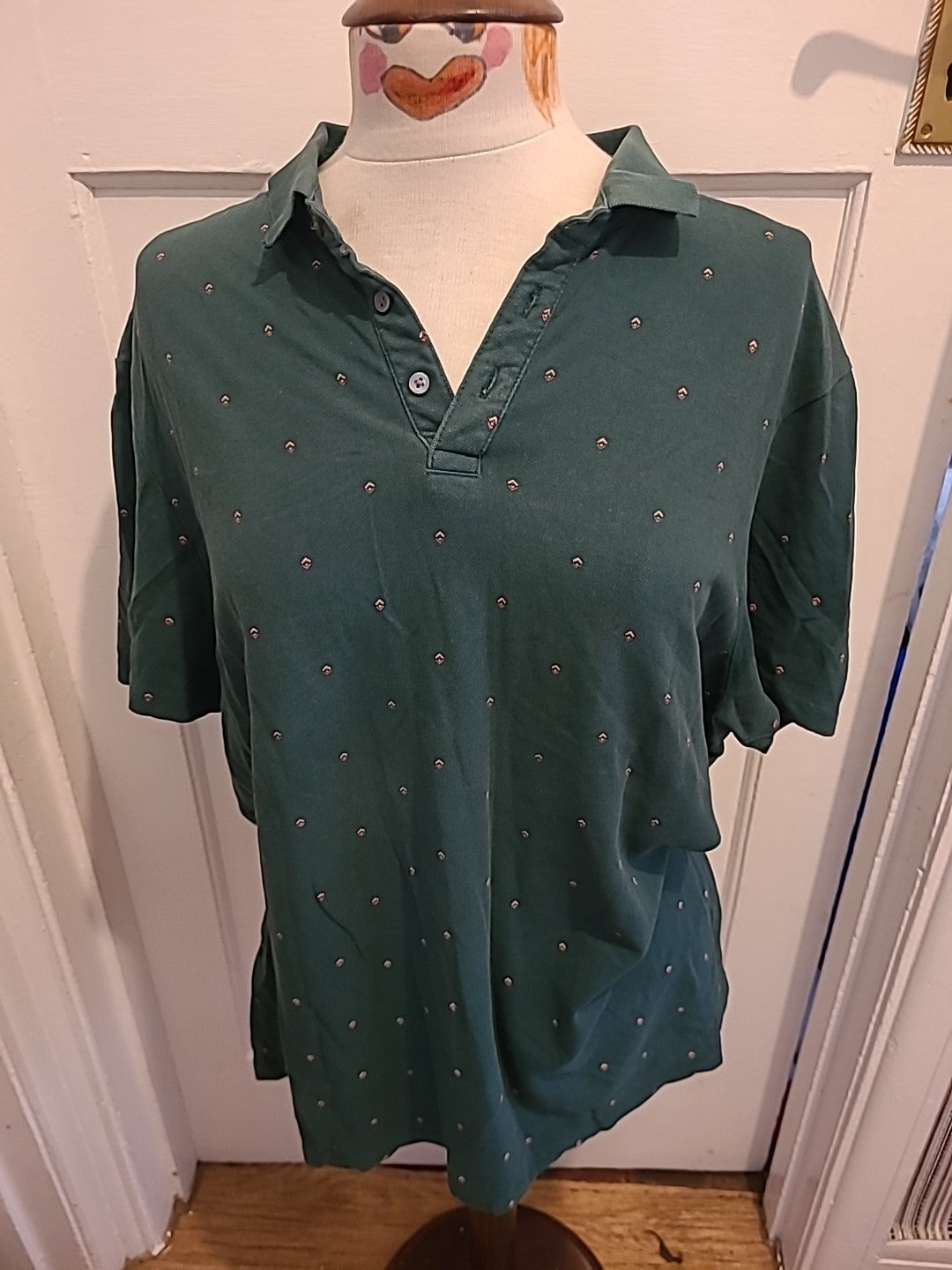 Mens George Size XL Green With Red/Pink Pattern Short Sleeved Polo