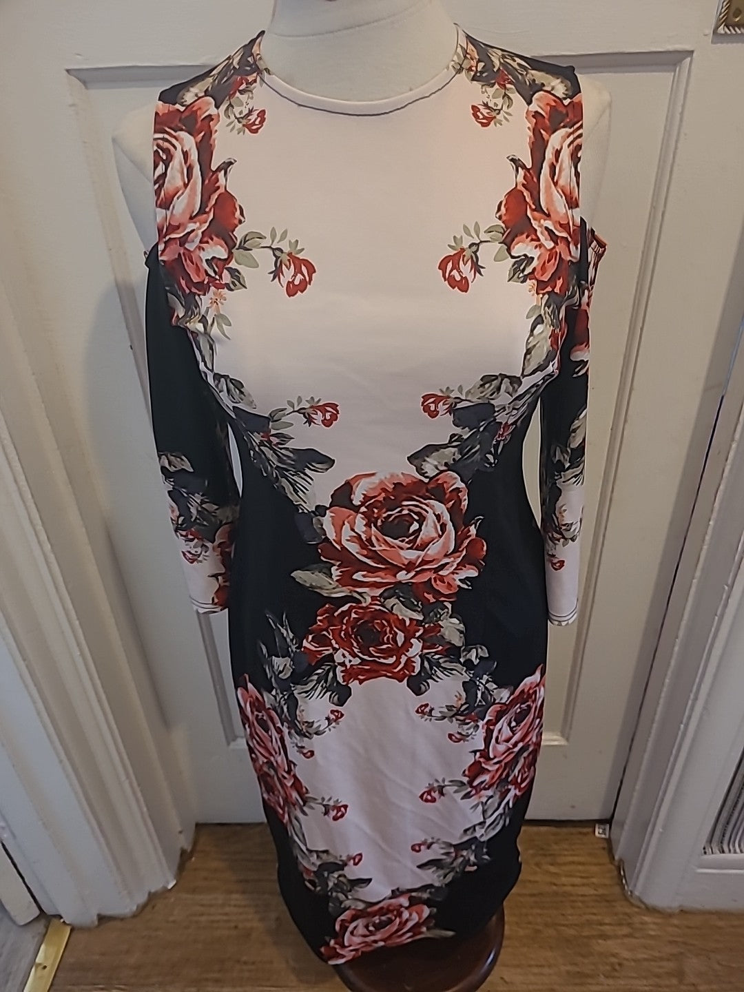 Ladies Size Medium Black Rose Detail Open Shoulder Dress