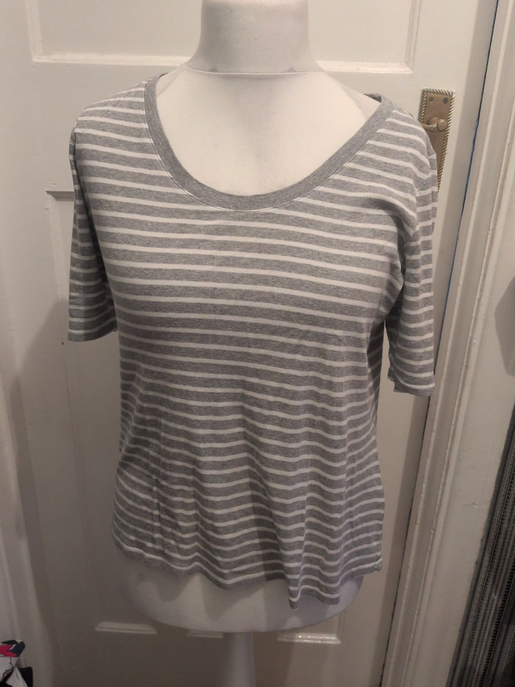 M&S 16 Grey With White Stripes Short Sleeve T-shirt