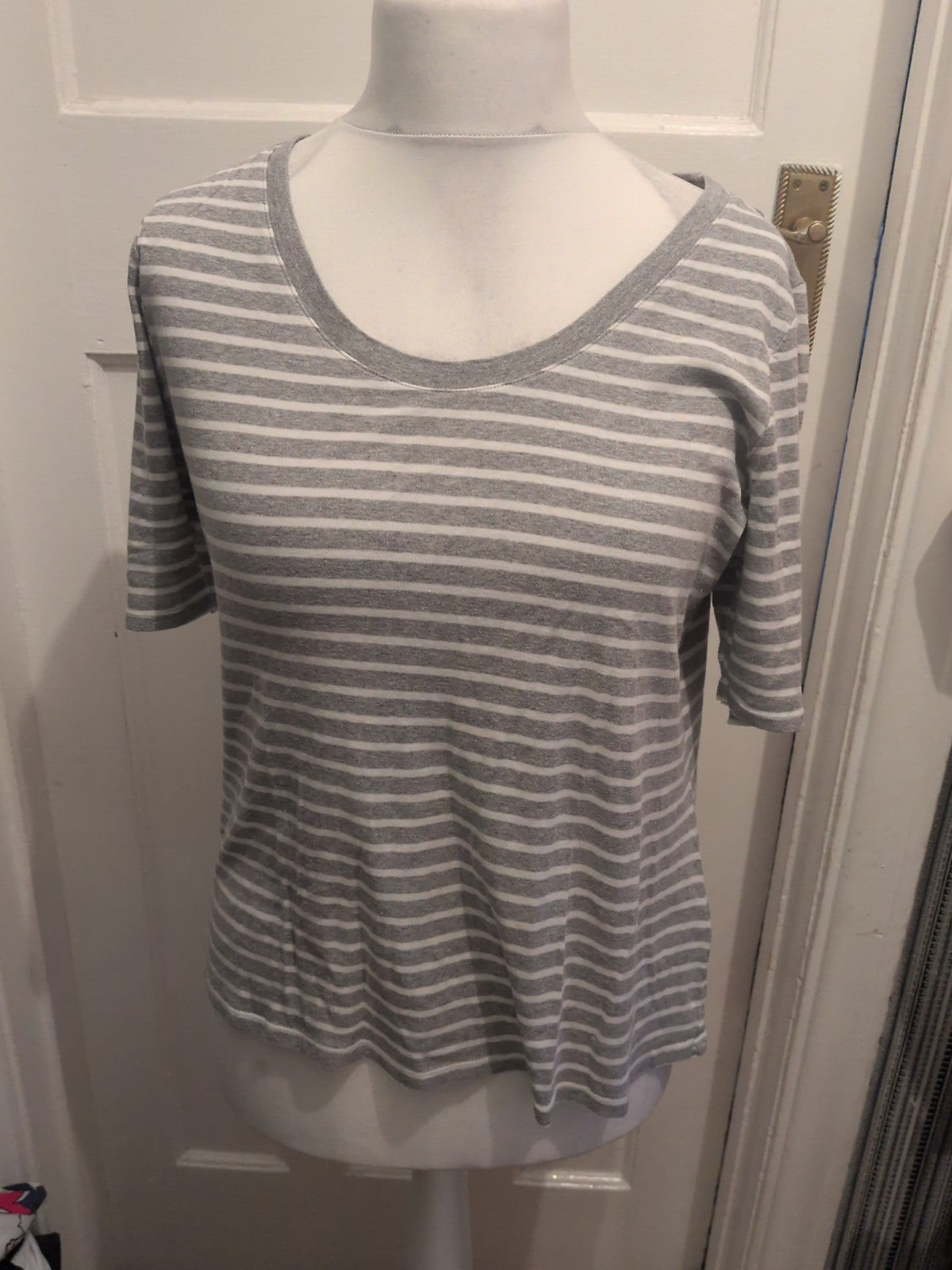 M&S 16 Grey With White Stripes Short Sleeve T-shirt