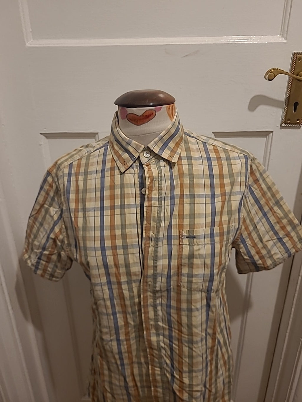 Mens Burton Size M Pale Yellow/Orange/Blue Check Short Sleeved Shirt
