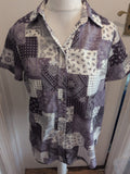 Ladies Small Silver White And Navy Short Collared Shirt Button Up