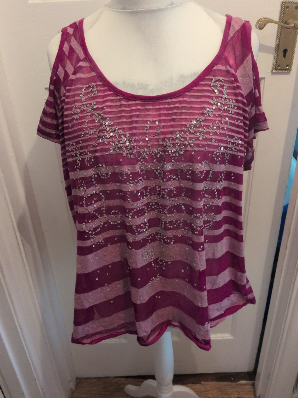 Faded Glory 4XL Purple And White Stripe Studded Patterned Blouse Short Sleeve