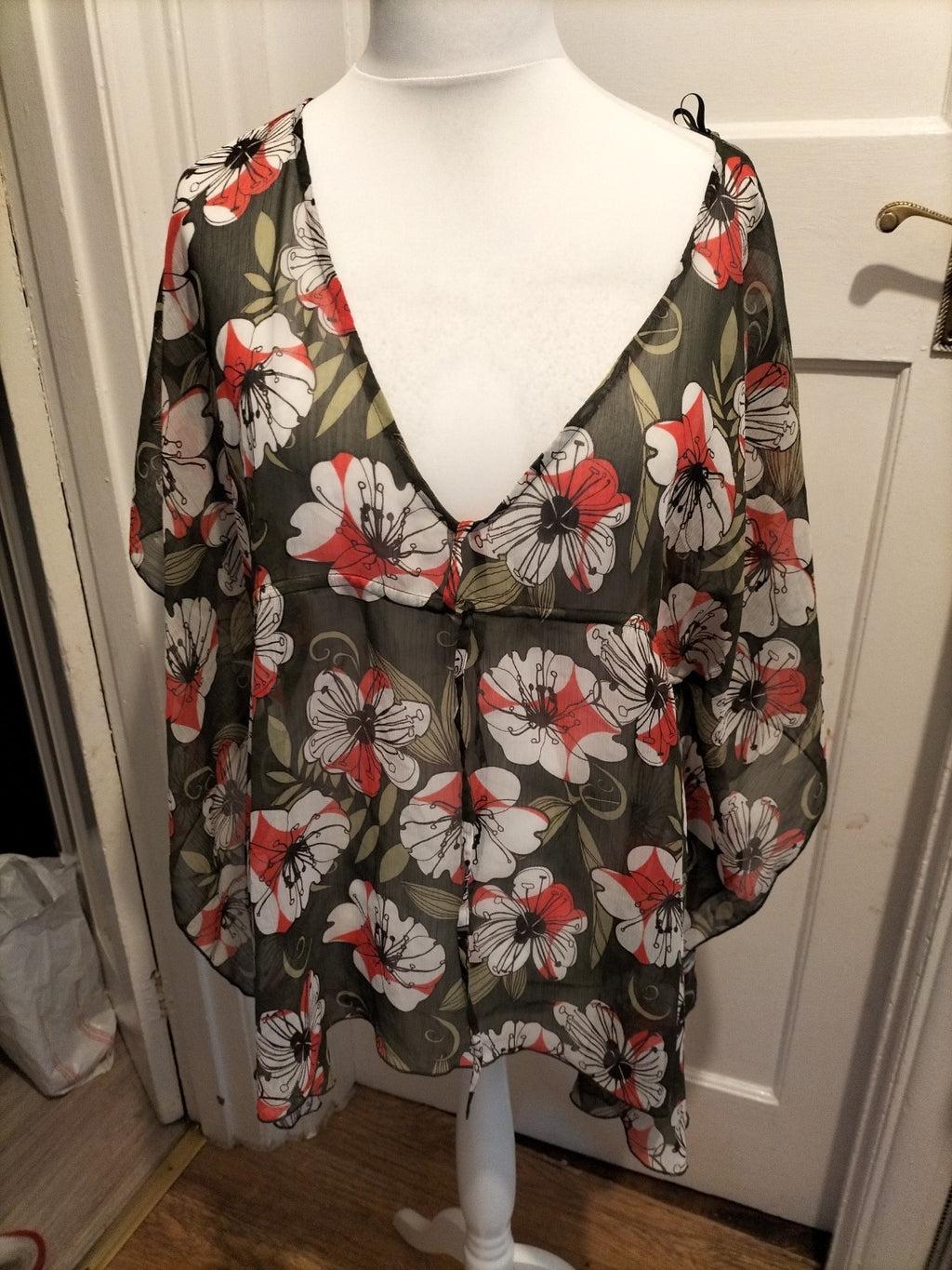 Ladies Debenhams Size XL Green And Pink Floral Semi See Through Blouse
