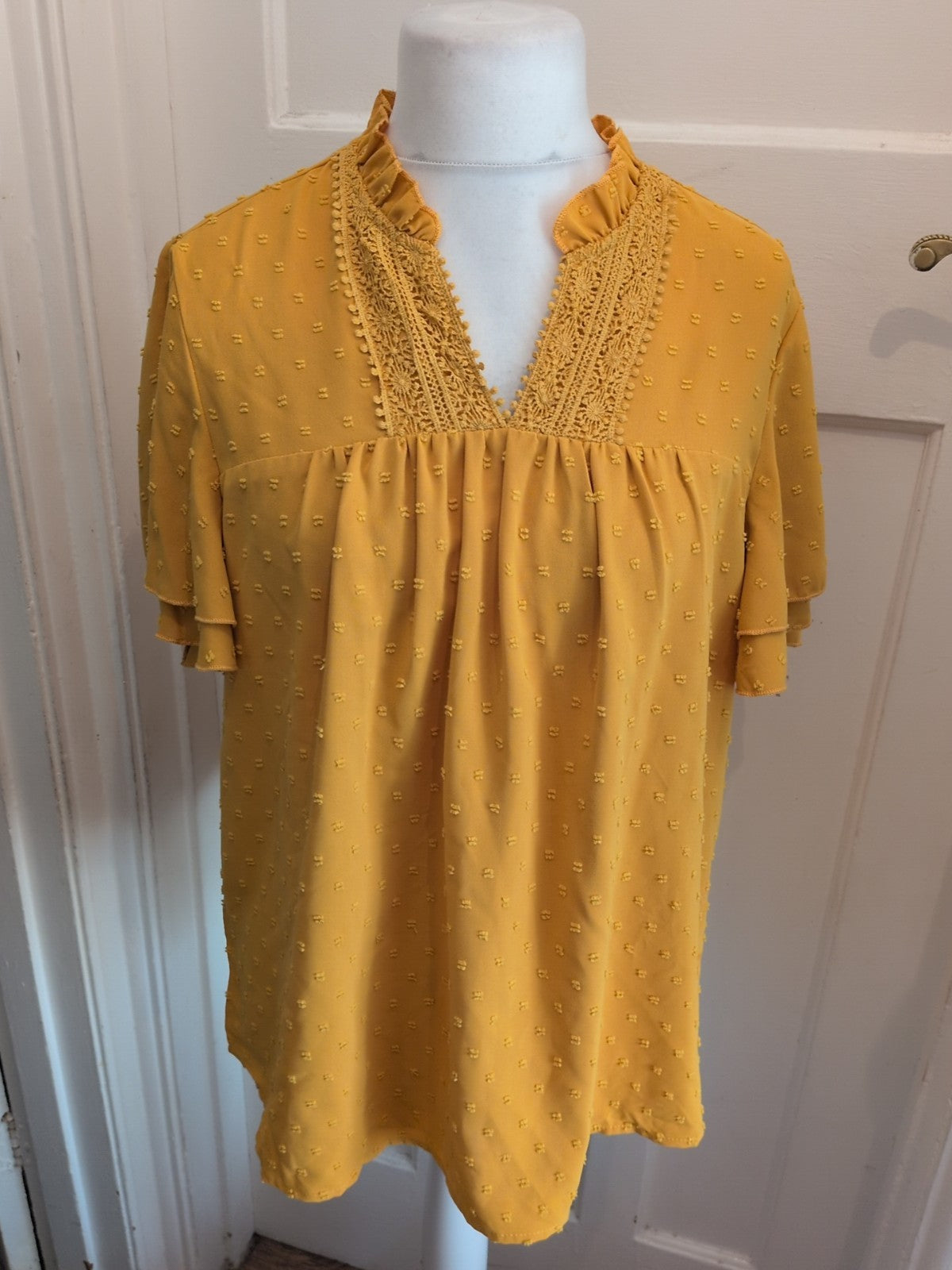 Large Yellow Textured Short Sleeve Blouse V Neck