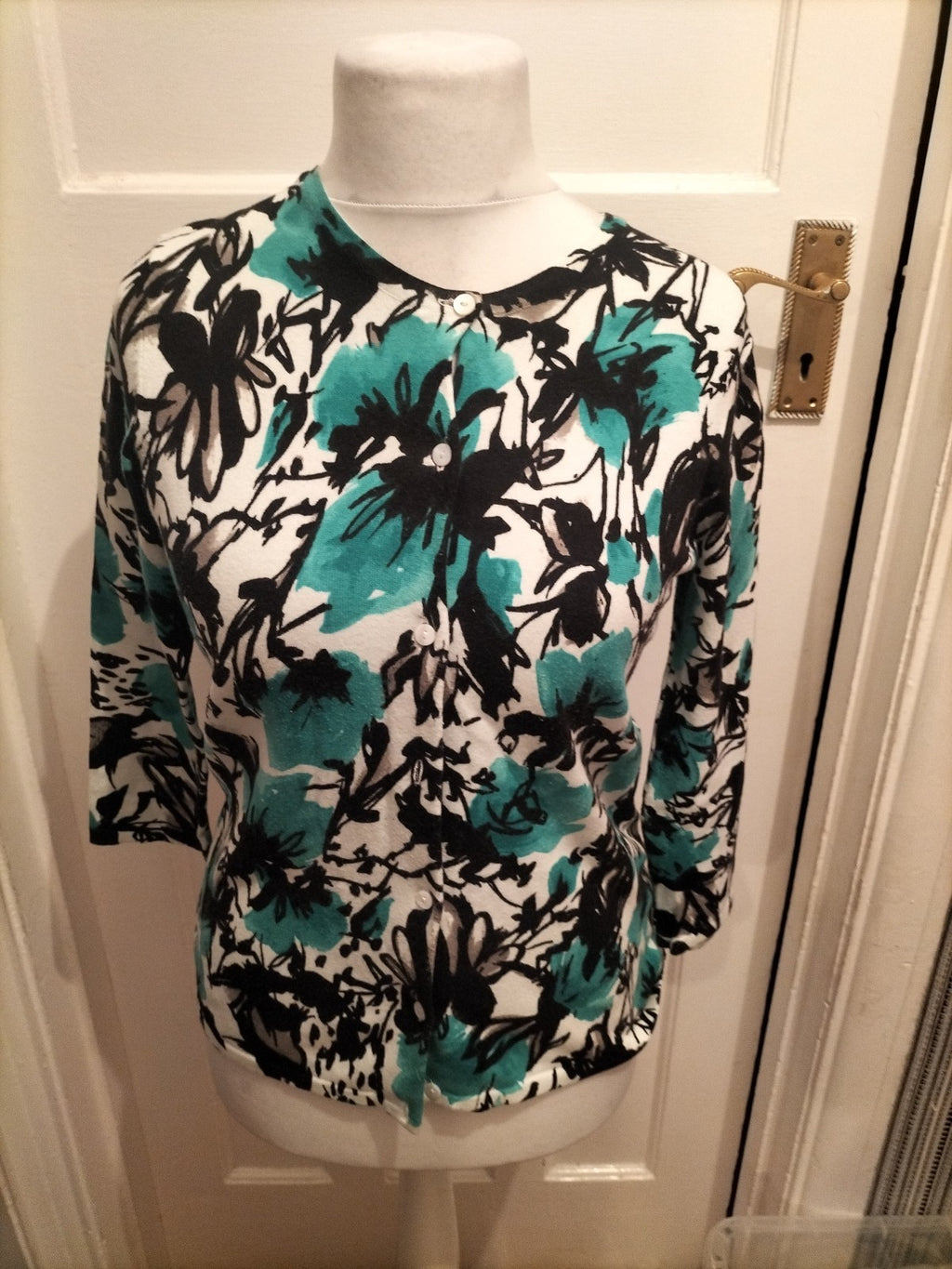 Ladies Susan Bristol Size 12 Turquoise Black And White Cardigan