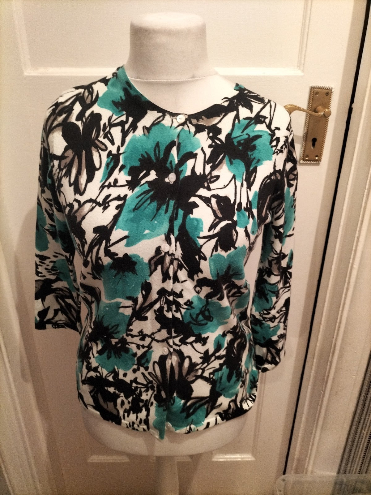 Ladies Susan Bristol Size 12 Turquoise Black And White Cardigan