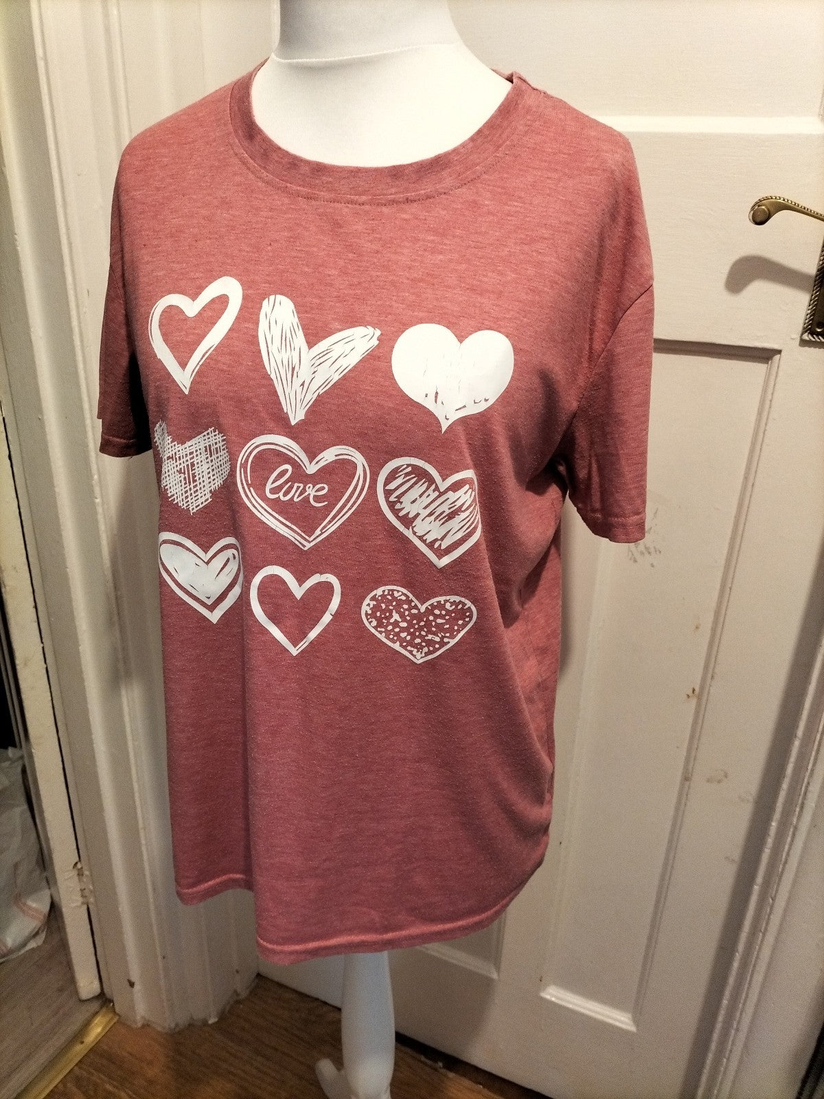 Ladies Size Large Pink With White Hearts Short Sleeved Tshirt