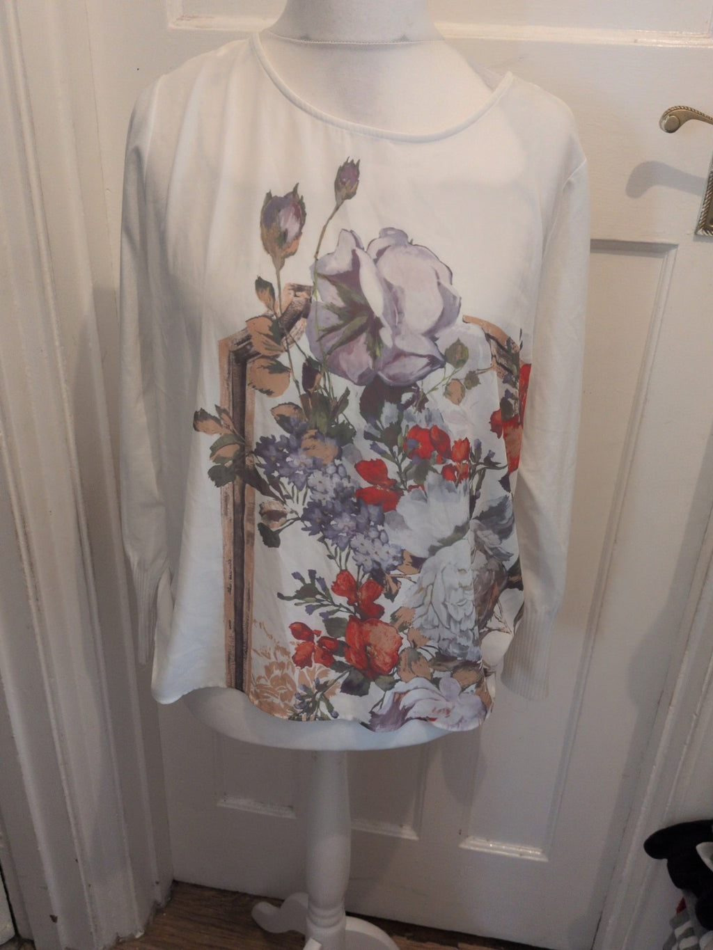 M&S Collection 14-16 White Floral Long Sleeve Blouse