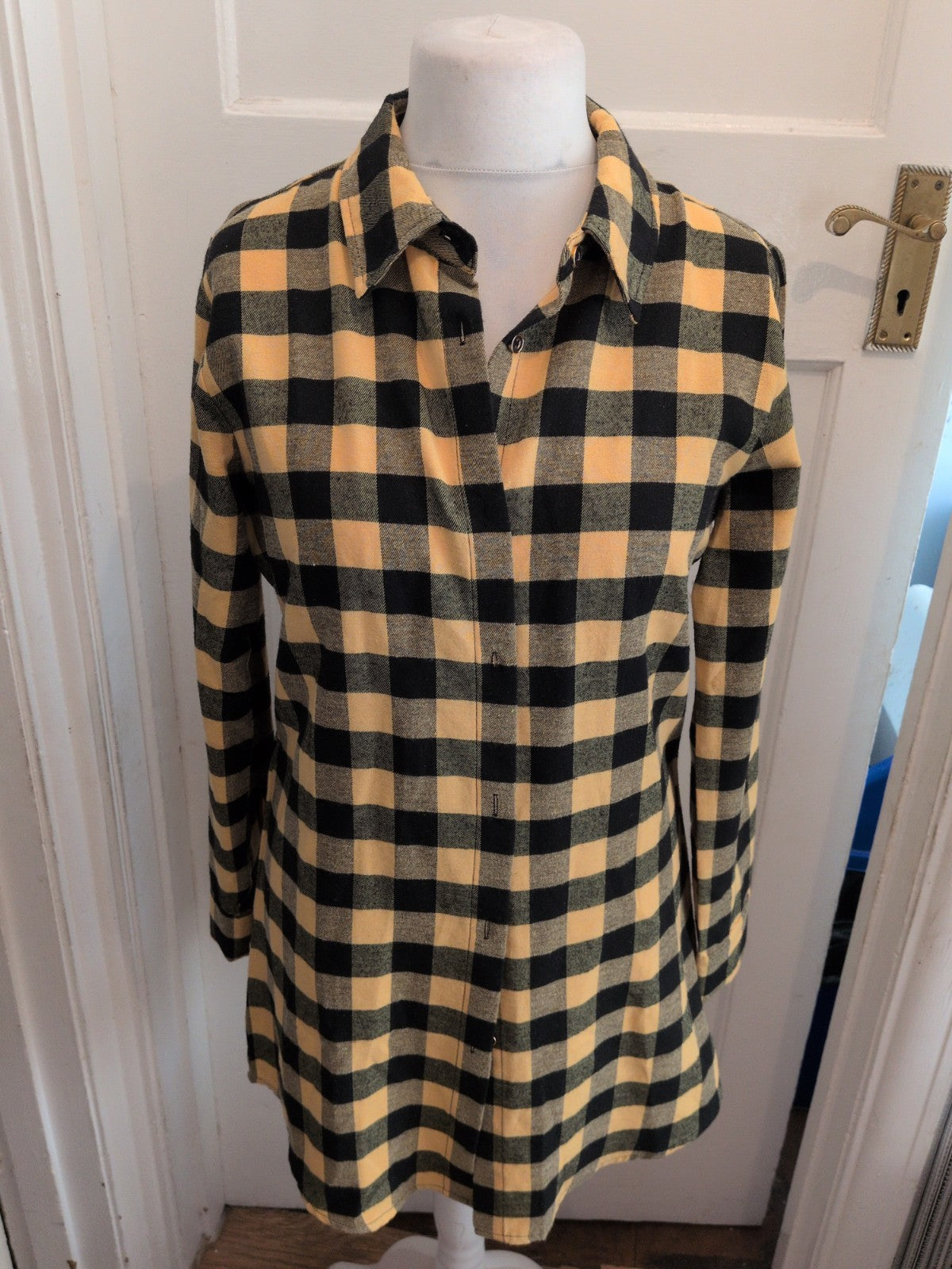 Large Yellow Check Long Sleeve Buttoned Shirt Dress