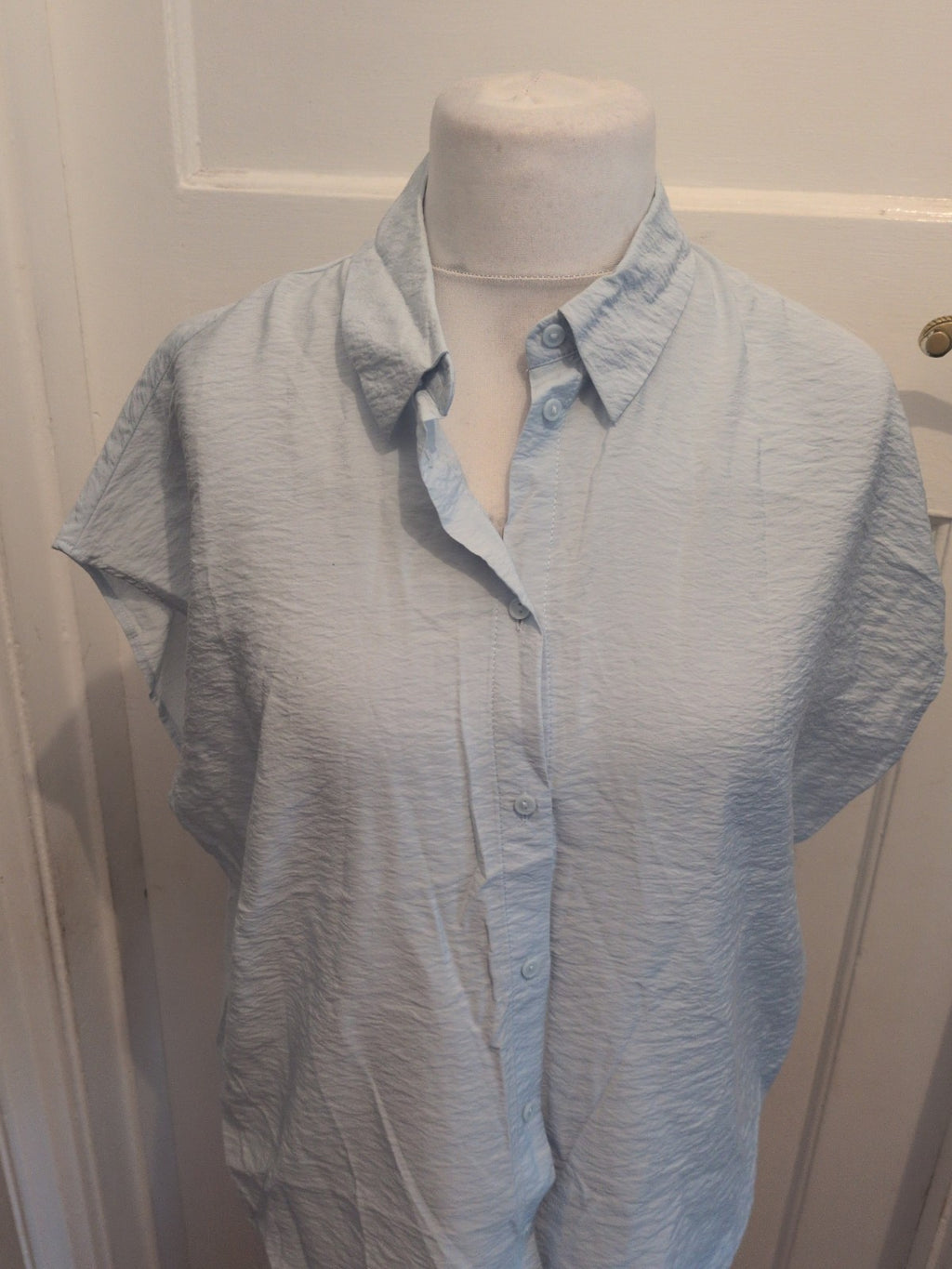 14 Pale Blue Collared Short Sleeve Buttoned Blouse