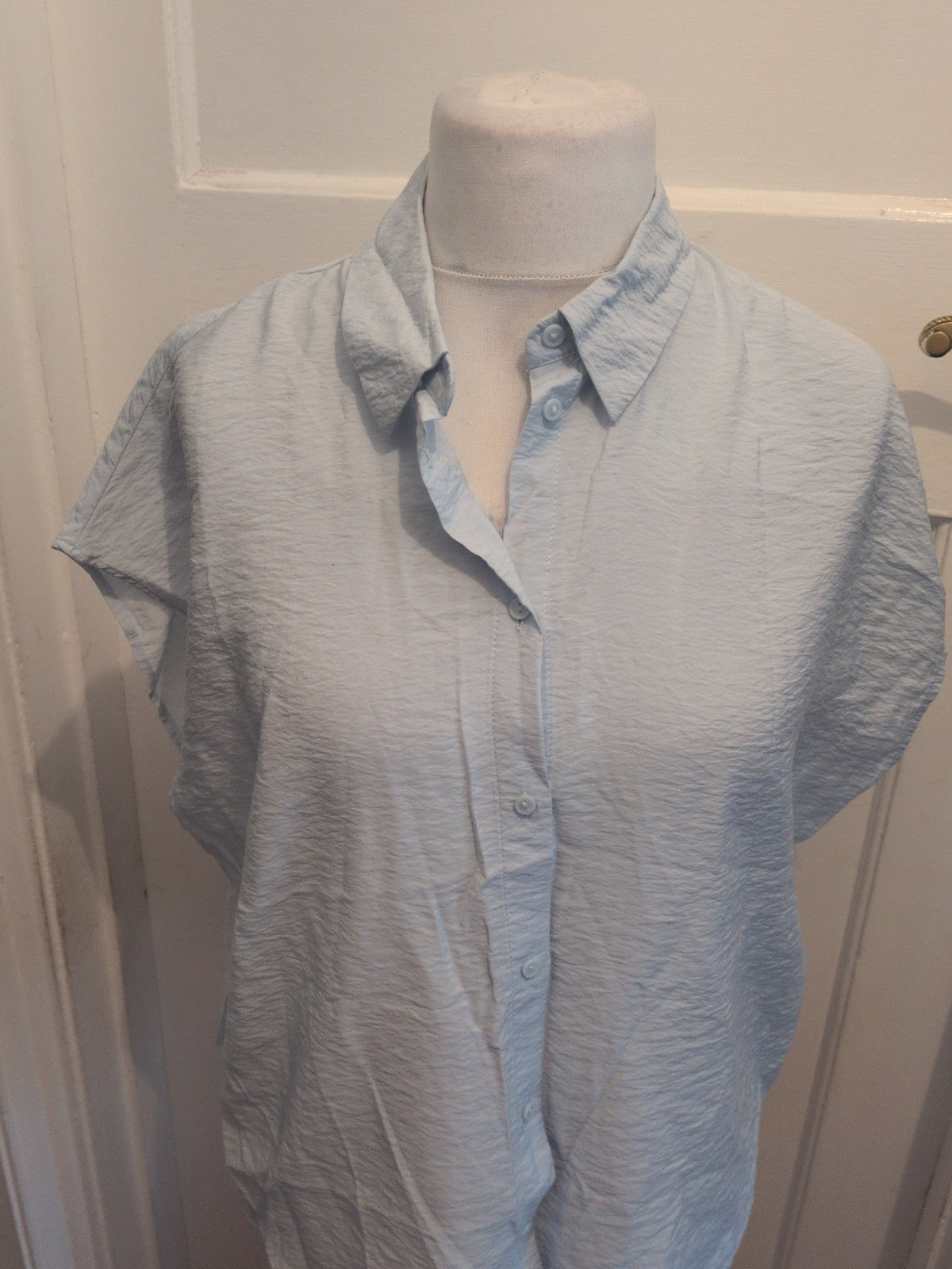 14 Pale Blue Collared Short Sleeve Buttoned Blouse