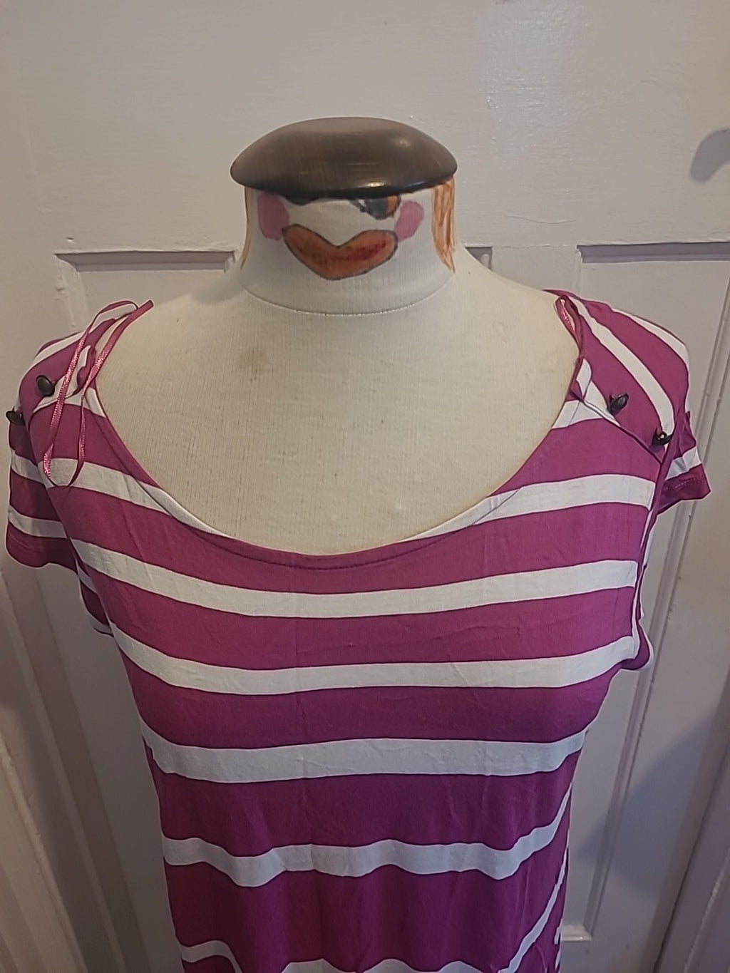 Ladies Marks And Spencer Size 14 Magenta White Striped Short Sleeved Dress