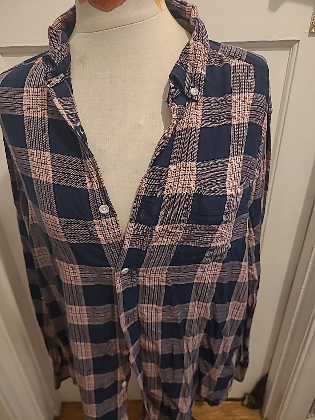 Mens George Size Large Pinky Red Navy Check Long Sleeved Shirt