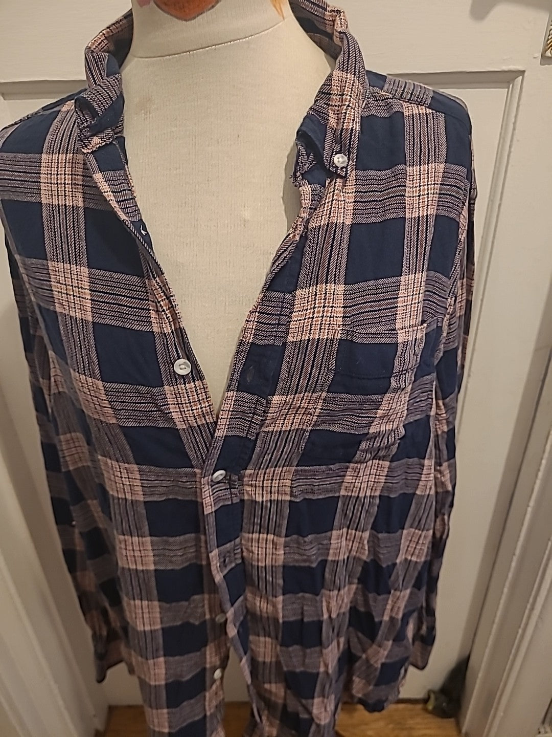 Mens George Size Large Pinky Red Navy Check Long Sleeved Shirt