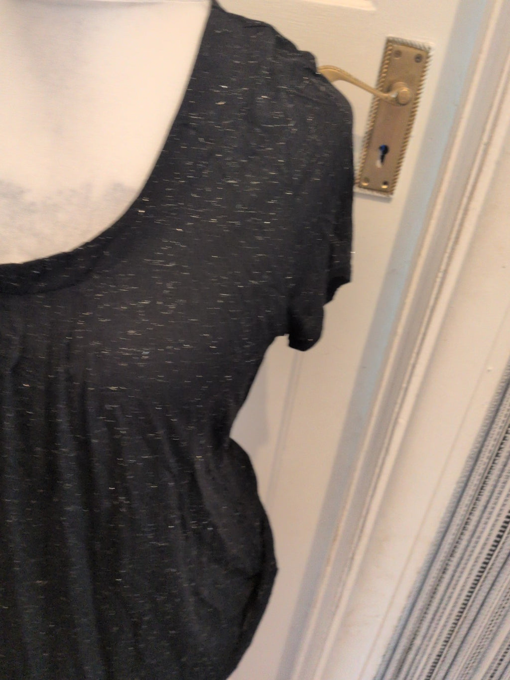 Marks And Spencer 14 Black With Gold Fleck Dashes Short Sleeved T-shirt Blouse