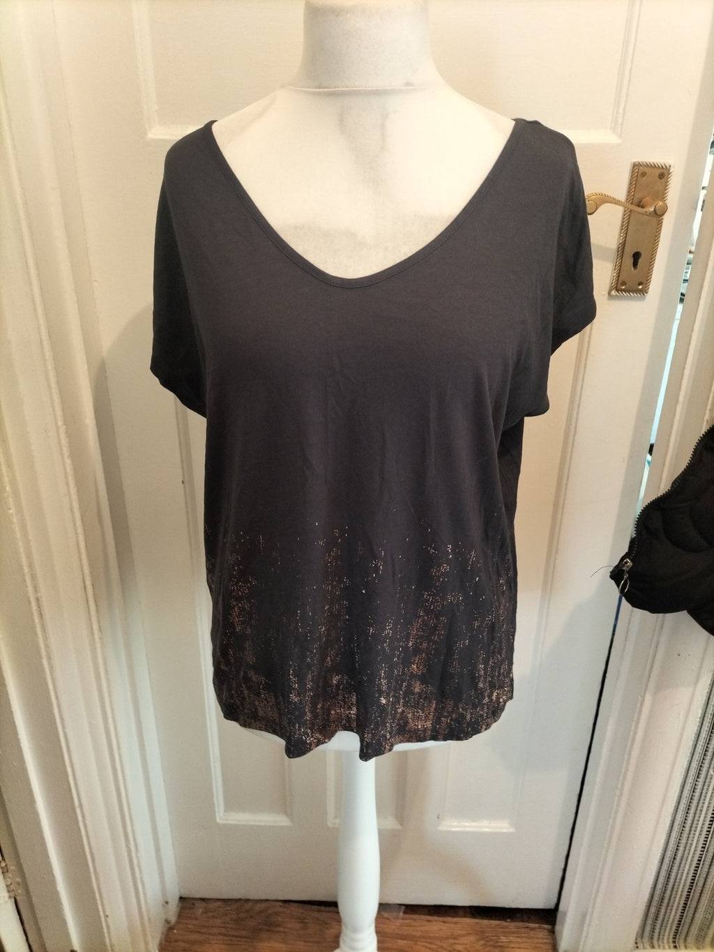 Ladies Next Size 12 Dark Navy And Bronze Short Sleeved Blouse