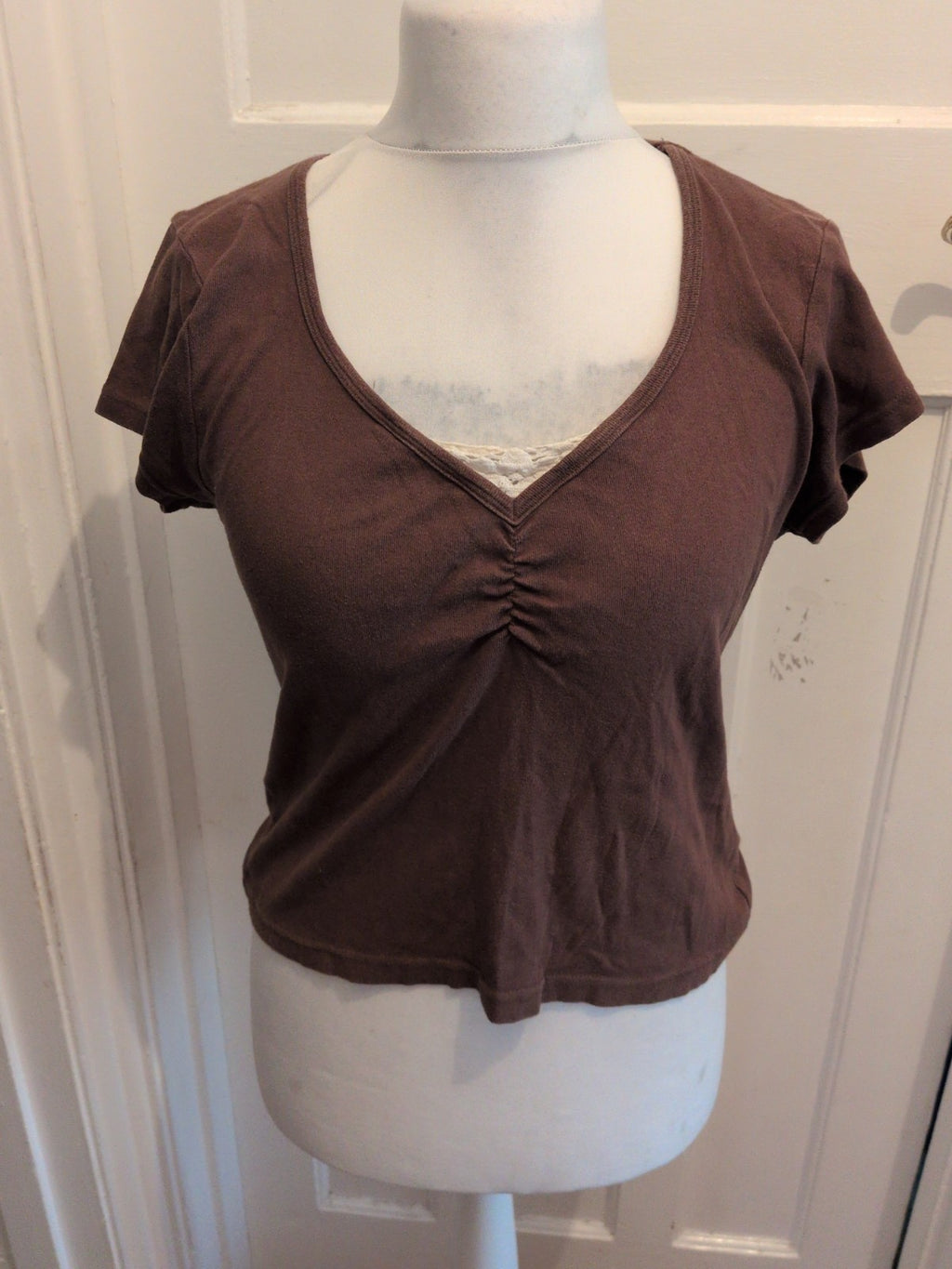 Text Large Brown V Neck Short Sleeve T-shirt
