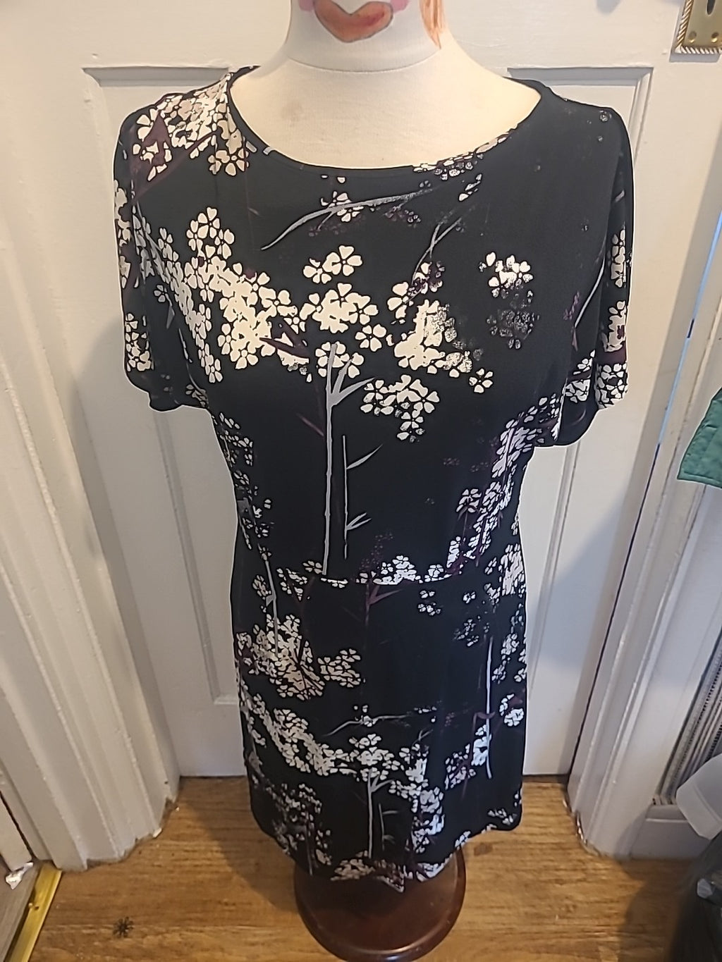 Ladies Next Size 12 Purple White Black Floral Short Sleeved Midi To Long Dress