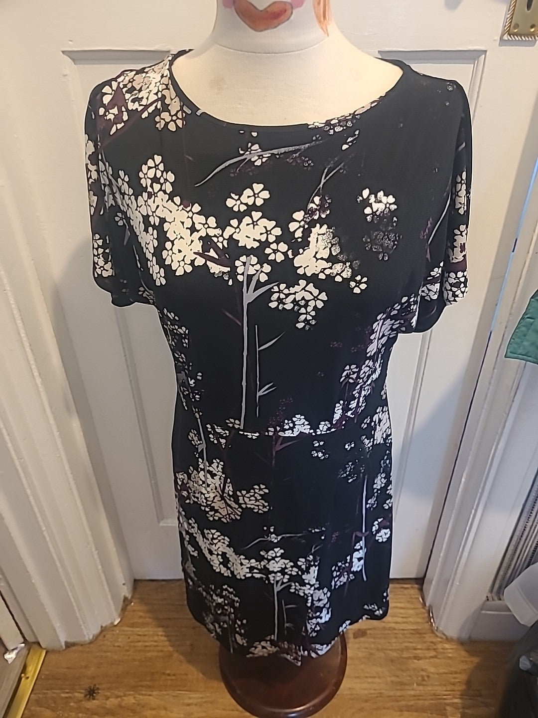 Ladies Next Size 12 Purple White Black Floral Short Sleeved Midi To Long Dress