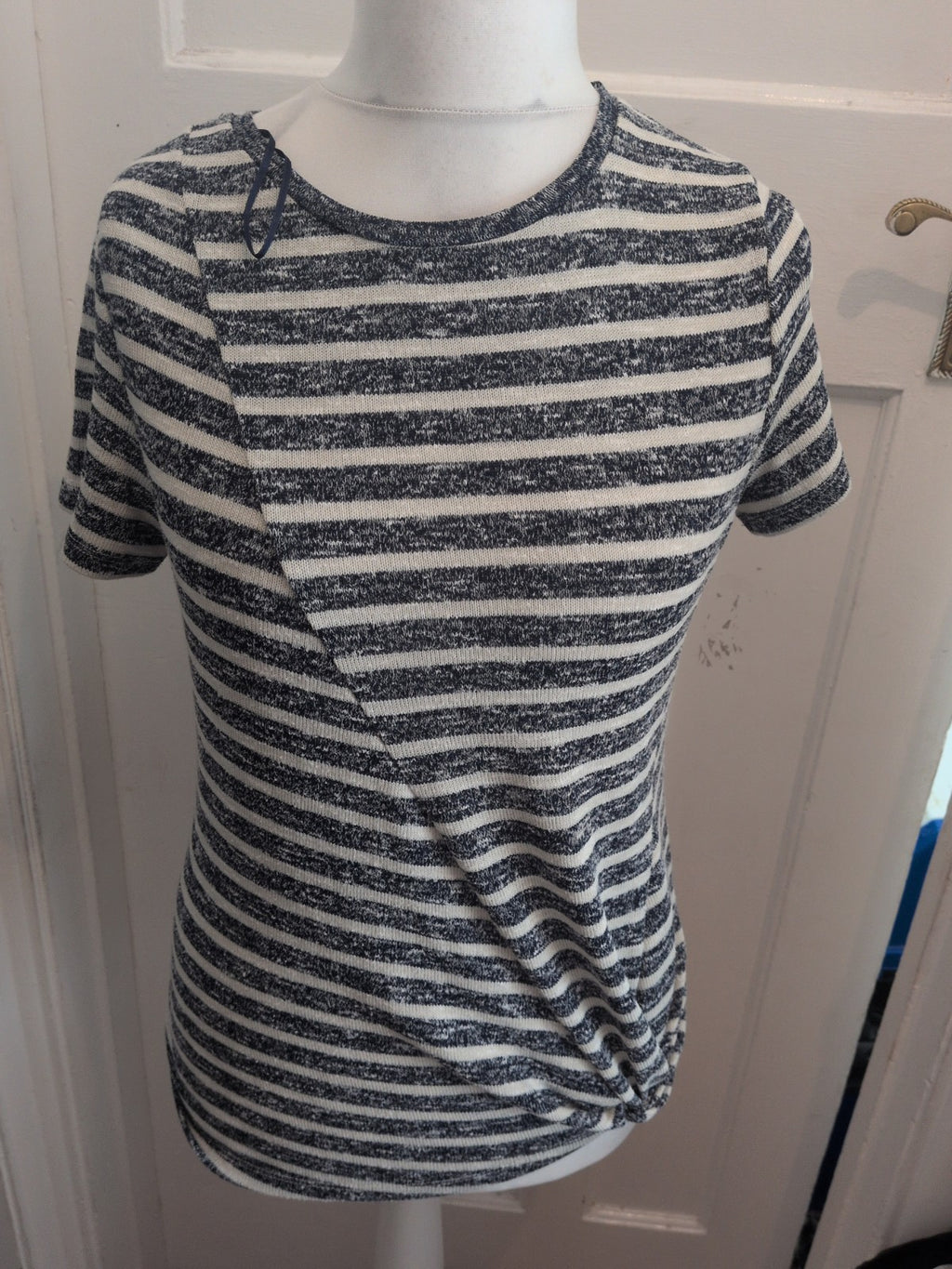 Tu 12 Navy And White Striped Uneven Hem Front Knot Short Sleeve Blouse