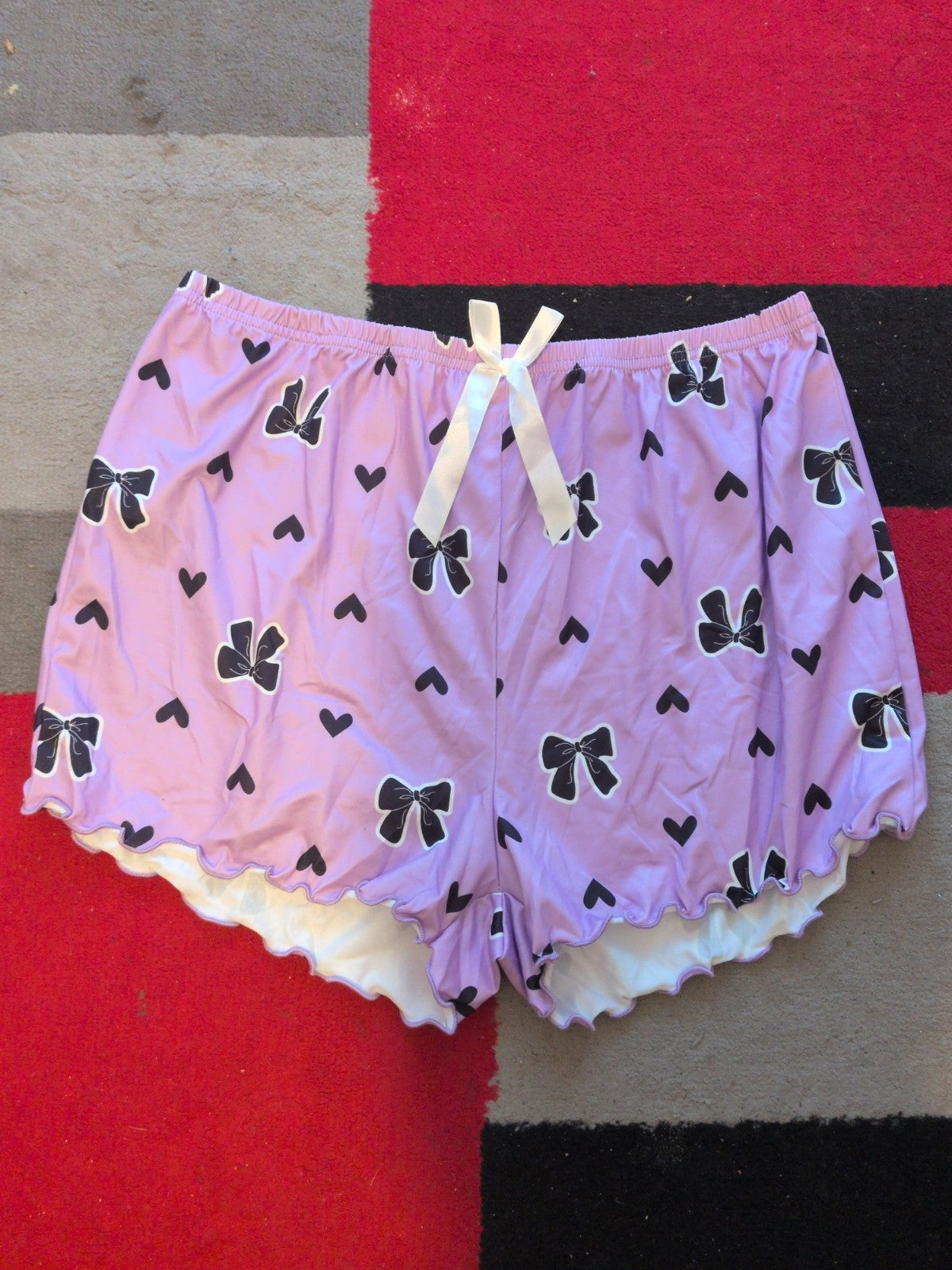 2XL Purple And Black Heart And Bow Elasticated Sleep Shorts