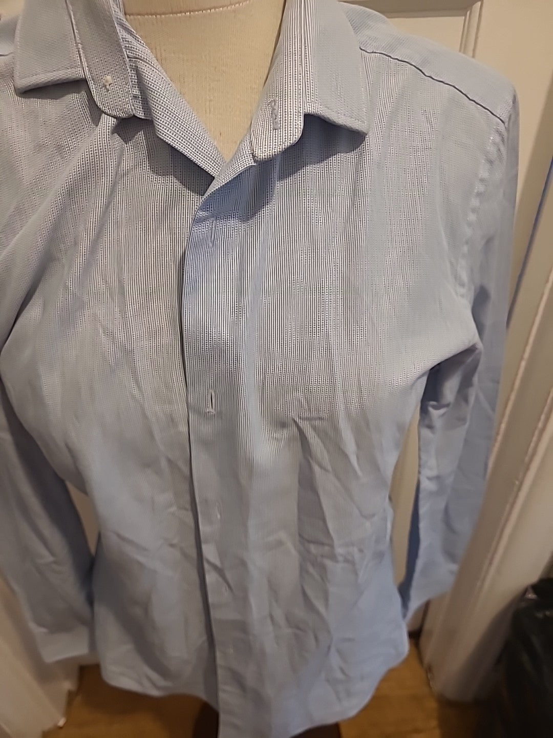 Mens Next Size 15" Pale Blue Detailed Slim Fit Long Sleeved Shirt