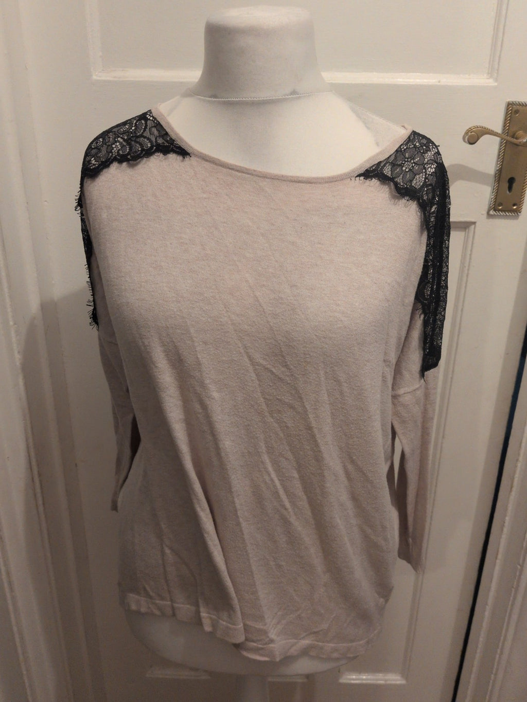 Warehouse 14 Pale Beige With Black Lace Long Sleeve Blouse