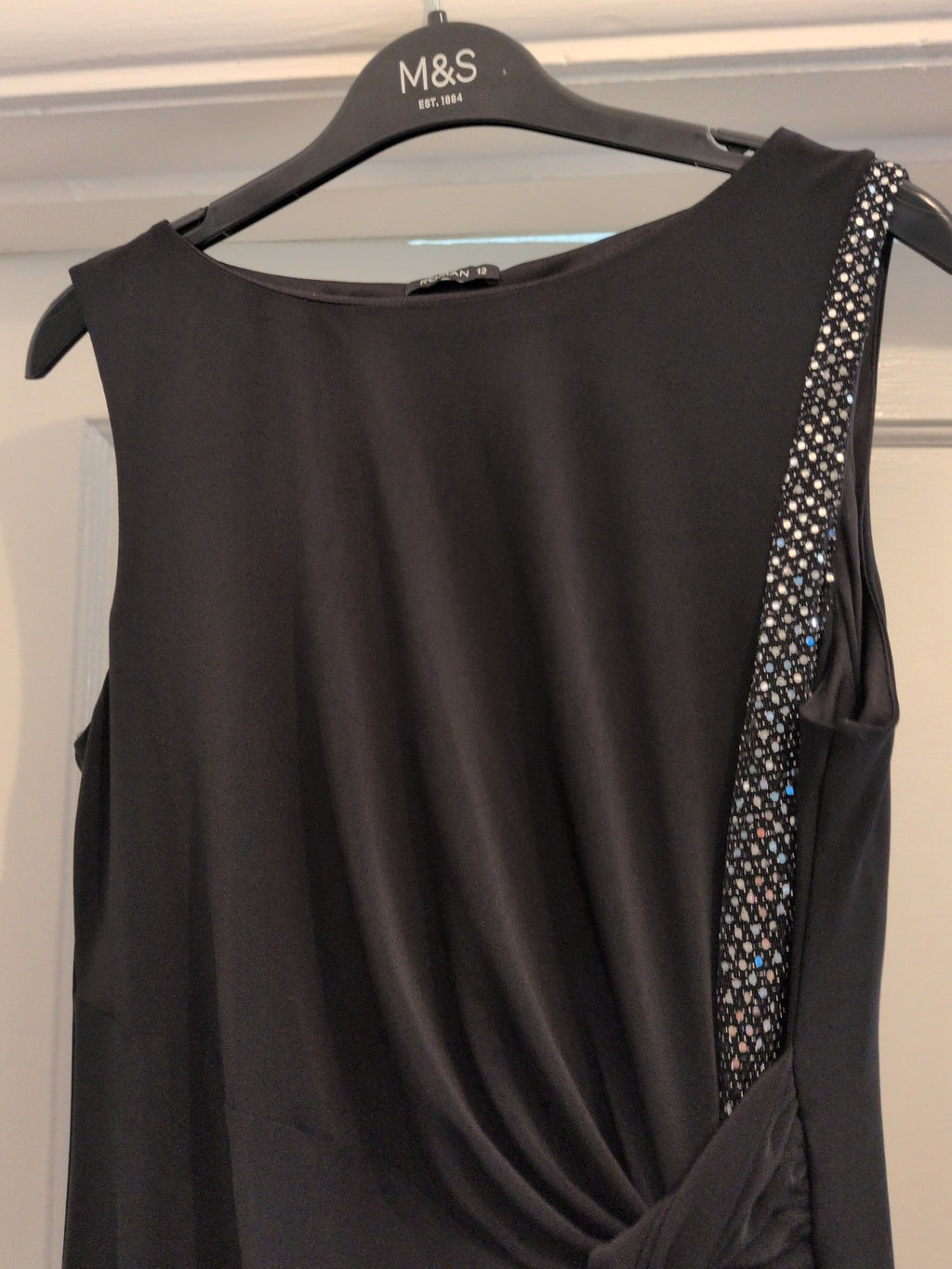 Ladies Roman Size 12 Black Lined With Silver Diamante Trim Sleeveless Dress