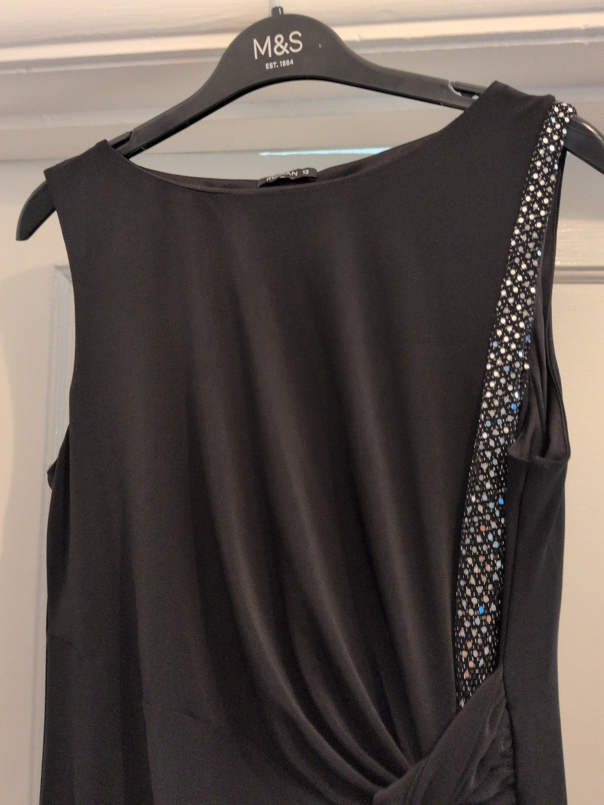 Ladies Roman Size 12 Black Lined With Silver Diamante Trim Sleeveless Dress