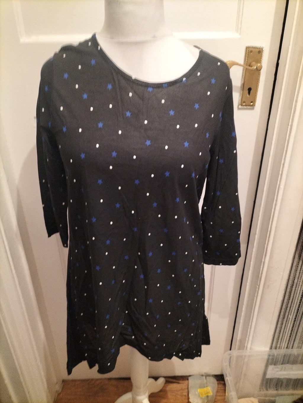 Ladies Capsule Size Medium Black With Blue Stars 3/4 Sleeved Dress