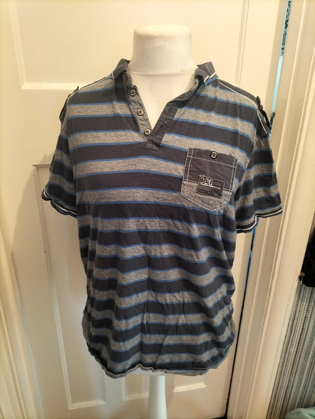 Mens D26 Core Size XL Navy Grey Striped Polo Short Sleeve